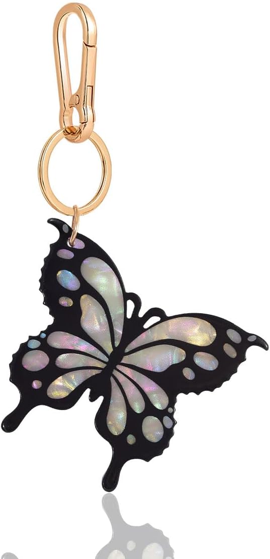 Tropical Hibiscus Flower Bird Butterfly Keychain Bag Charm Keychain Gold-Tone Clasp, 5.3 Inches