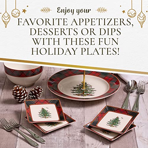 Spode Christmas Tree Tartan Square Tidbit Plates | Set Of 4 | Christmas Appetizer Plates With Tartan Border | Square Plates - Dishwasher Safe | Earthenware Dishes | 5-Inches #TOP4