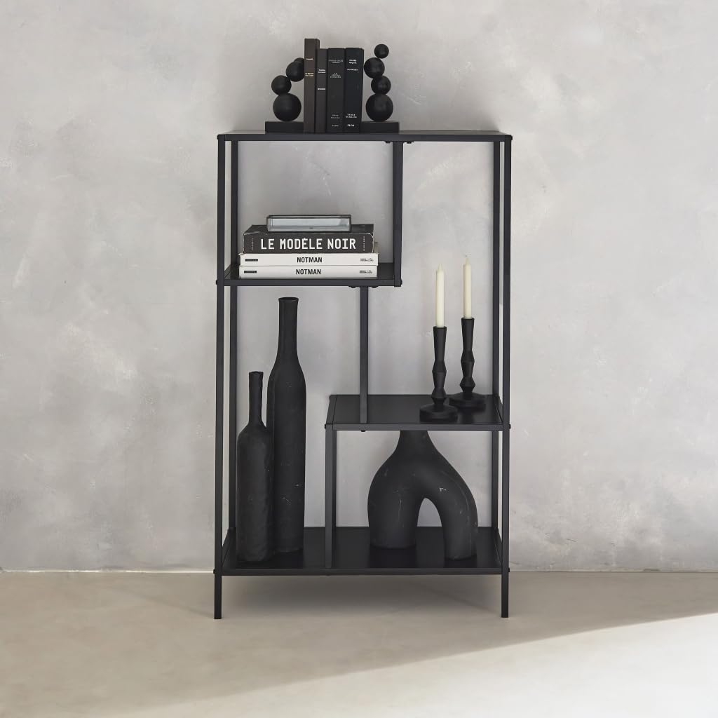 Scaffale asimmetrico in metallo nero, 4 vani Nero - 69x33x113.5 cm