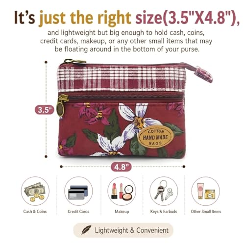 Image of Women Small Zipper Coin Purse, Handmade Fabric Flower Embroidered Change Pouch, Cotton Double Zipper Wallet