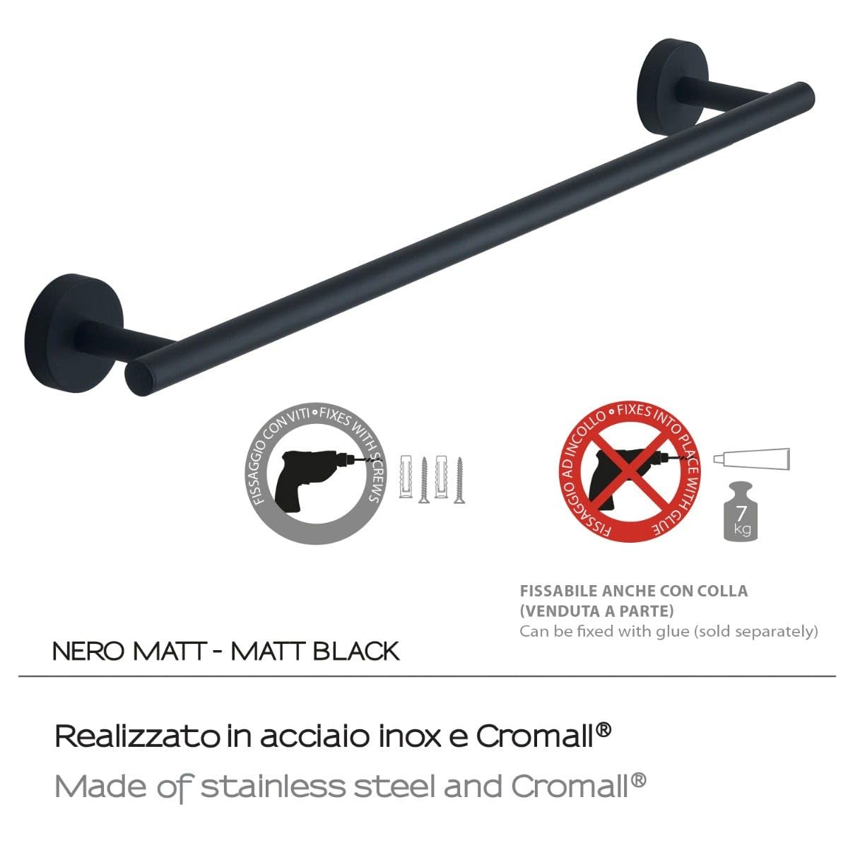 Kiamami Valentina - Portasalviette Da 45 Cm Acciaio Inox Nero Opaco Fissaggio A Muro | Violetta