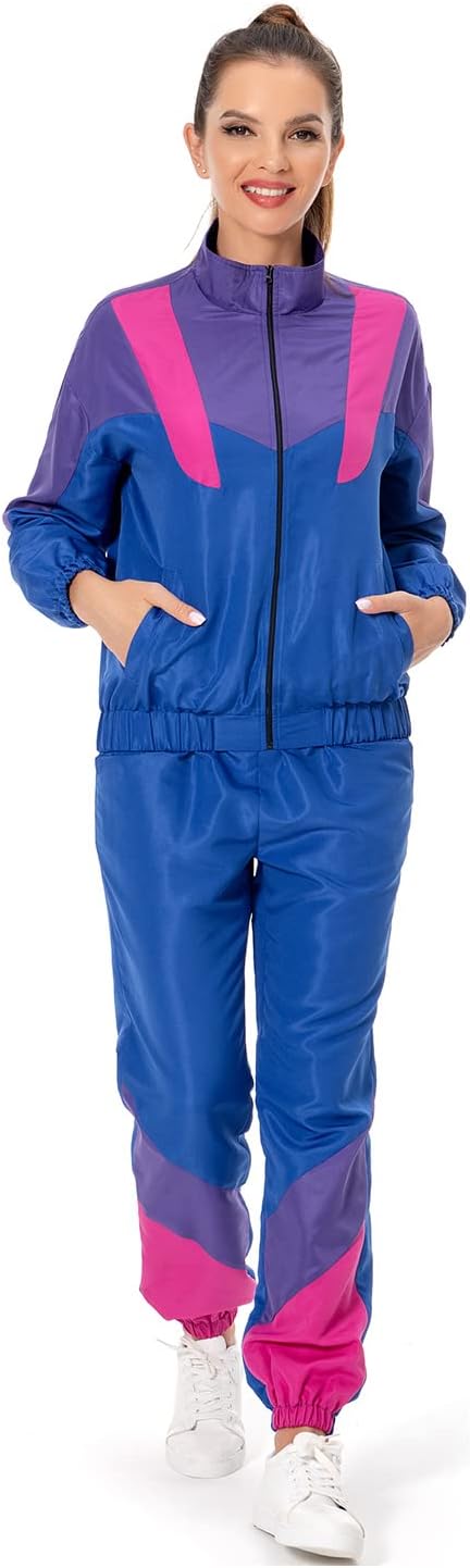 Women's 2 Piece Tracksuit 80s 90s Retro Outfit, Long Sleeve Windbreaker Jacket Neon Color Block Tracksuit Set - Image 4