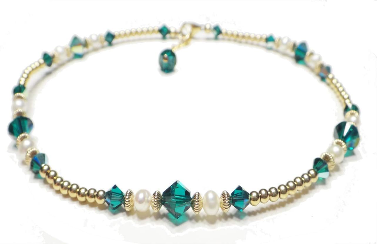 Emerald Ankle Bracelets, May Birthstone Beaded Anklet, Crystal Anklet Sm to XL Plus Sizes