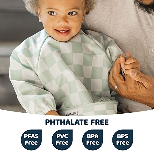 Image of Tiny Twinkle Long Sleeve Bib for Babies & Toddlers | Waterproof Smock Bib for Eating | Machine Washable & Mess-Proof Feeding Essentials | Newborn Shower Gift (Checkers Sage, 6-24M)