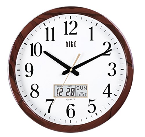 HITO Silent Wall Clock Non Ticking 15 inch Date Day Indoor Temp Excellent Accurate Sweep Movement Glass Cover, Decorative for Kitchen, Living Room, Bedroom, Office, Classroom (15 inches, Wood+ LCD)