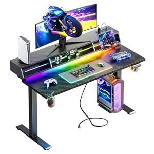 Offigo Gaming Standing Desk with LED Light, 48 Inch Electric Height Adjustable Desk with Power Outlet & Floating Monitor Shelf, Sit Stand Computer Workstation for Home, Bedroom