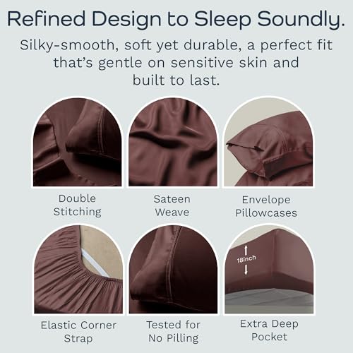 Image of Olive + Crate Tencel Lyocell Eucalyptus Queen Size Sheet Set - Cooling Tencel Sheets for Hot Sleepers with 18 Inch Deep Pocket Fit - Cacao 4-Piece Set