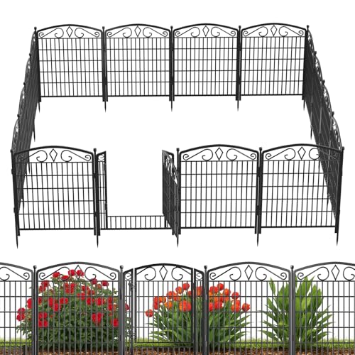 10 Panels No Dig Decorative Garden Fence with Gate, GATKITOM 31.3in(H) x 21.7ft(L) Rustproof Animal Barrier Metal Dog Fence Outdoor for Yard, Patio, Temporary Garden Fencing with Ground Stakes