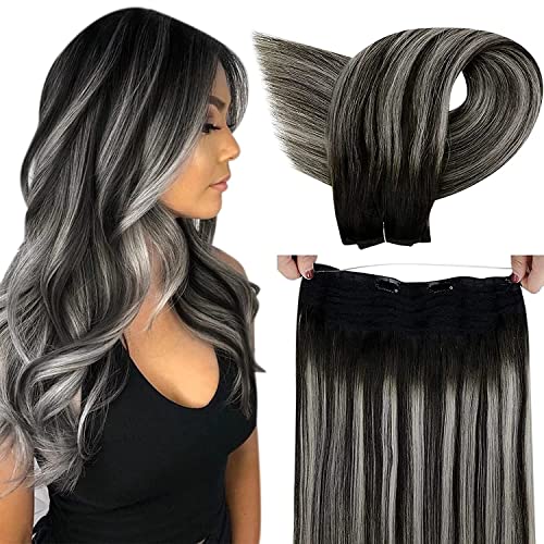 【Big Promotion】Black Wire Hair Extensions LaaVoo Fish Line Human Hair Extensions Balayage Off Black Ombre Silver Wire Couture Extensions Human Hair Ombre Black Secret Wire Hairpiece Straight 12”80g