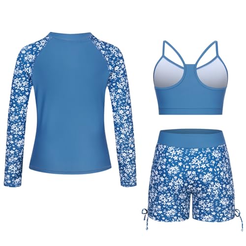 Image of Funnycokid Girls Swimsuit 3 Pieces Zip Rash Guard Bathing Suits Set Kids Bikini Boyshort Summer Swimwear 3-14 Years
