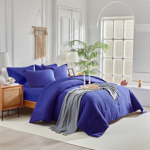 Image of Kids Comforter Sheet Set - Soft and Breathable Bed Set Includes Quilted Comforter, Fitted Sheet, Flat Top Sheet, Pillowcase and Pollowshams For Boys Girls - 7 Pieces Bed in a Bag Full Szie Navy