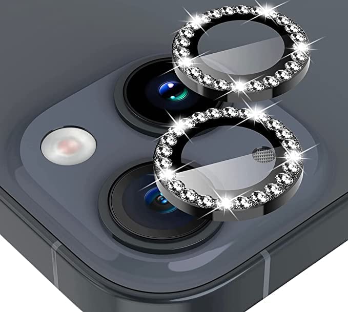 Image of Diamond Camera Lens Protector for iPhone 14 /14 Plus | Metal Ring Lens Guard | Scratch Resistant | HD Clear | Easy Install | Shock & Dust Protection Black Diamond