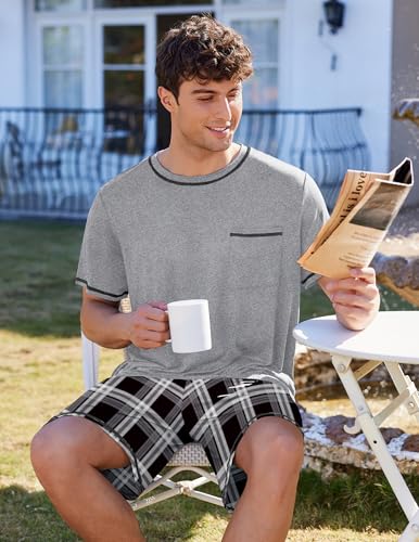 Image of Ekouaer Men's Pajamas Set Casual Short Sleeve Shirts and Shorts Soft 2 Piece Loungewear With Pockets