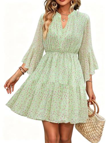 Image of Womens Spring Summer Mini Dress Western Ruffled Sleeve Chiffon V Neck Flowy A Line Short Wedding Guest Party Dresses