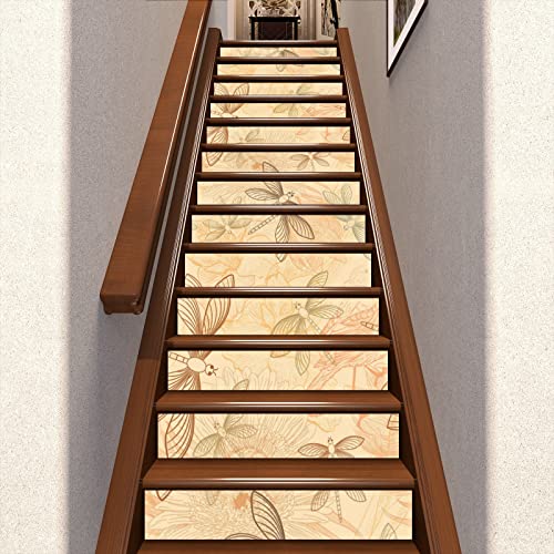 Beige Pattern Self Adhesive Stair Stickers, Peel And Stick Vinyl Stair Risers Staircase Murals Decals Sticker Decor For Steps,7.1X39.4 Inch X13Pcs, Cream #TOP2
