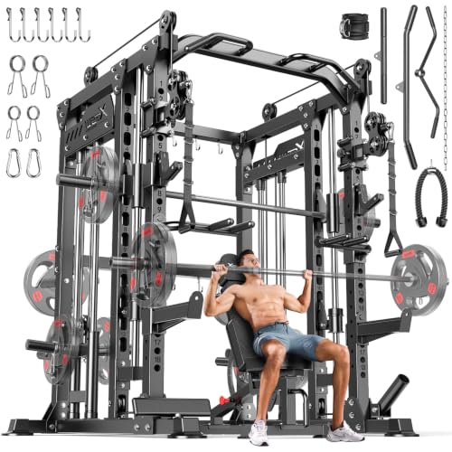 XGSW XINGESIWR Multi-Purpose Squat Rack,Smith Machine Weight Rack Set with Cable Crossover System, Home Gym Power Racks, Power Racks and Packages (Black, L04 Smith Machine+Bench)