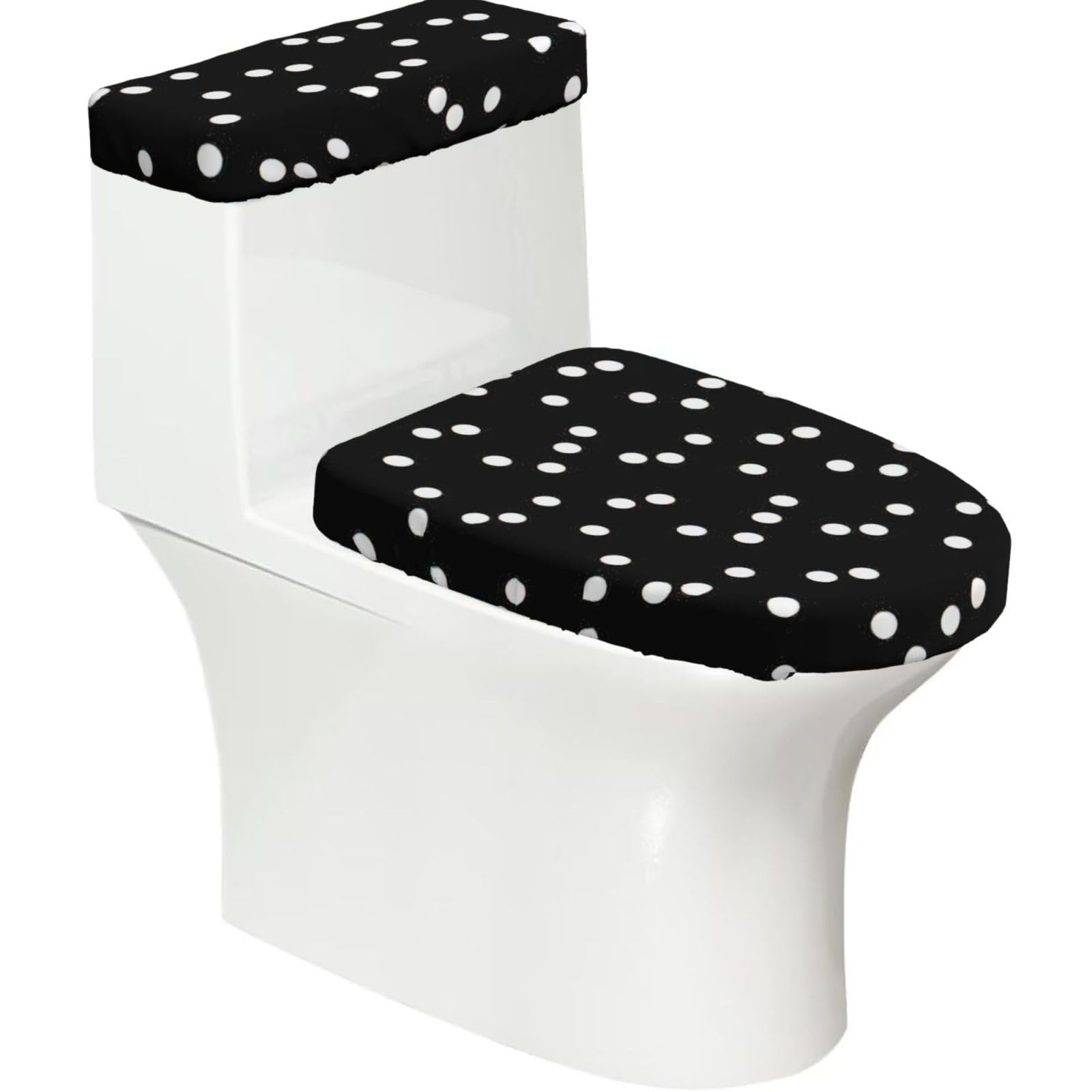 Black White Polka Dots Print 2-Piece Stretch Toilet Cover Set, Elastic Breathable Toilet Seat and Tank Lid Protector