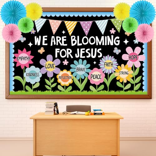 Image of Christian Religious Bulletin Board Set Summer Floral Sunday School Classroom Decoration Positive Paper Fans 3D DIY We are Blooming for Jesus Cutouts for Church VBS Chalkboard Wall Prayer Board Decor