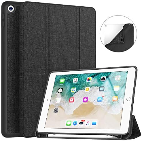 Soke iPad 9.7 2018/2017 Case with Pencil Holder, Smart iPad Case Trifold Stand with Shockproof Soft TPU Back Cover and Auto Sleep/Wake Function for iPad 9.7 inch 5th/6th Generation, Black