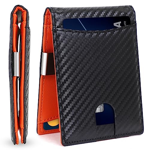 Define Essentials Carbon Fiber Minimalist Slim Bifold Wallet for Men - RFID Blocking, Money Clip, Genuine Leather - Stylish, Secure, and Functional