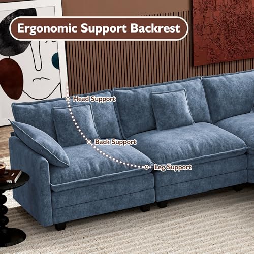 Image of Ihanherry 114 inch V-Shaped Modern Sofa Modular Sectional Cloud Couch with Corner Section, 5-Seat Chenille Deep Seat Sofa with 5 Pillows for Living Room, Bedroom and Apartment, Blue