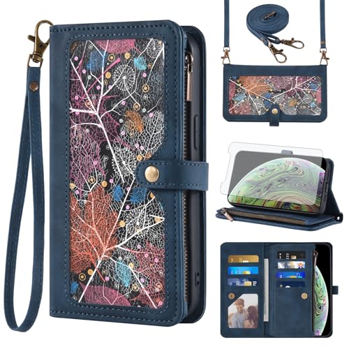Étui iPhone XS Max en cuir bleu Asuwish avec porte-cartes et protège-écran