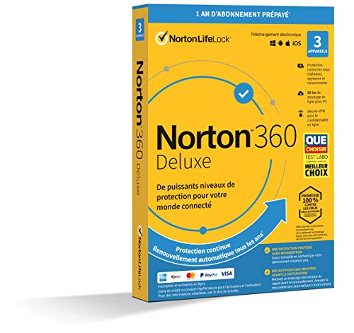 Norton™ 360 Deluxe 2023 |3 Appareils | 1 An d'Abonnement | Secure VPN - Password Manager - Dark web monitoring| PC/Mac/iOS/Android - Envoi par la poste