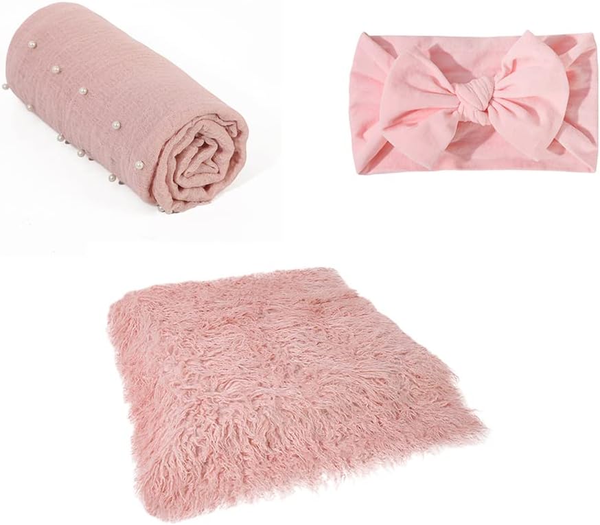 EUBUY 3PCS Newborn Photography Props Outfits, Newborn Photography Wraps Cute Bow Headdress and Photoshoot Mat for Infant Photos Outifts
