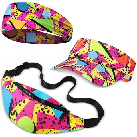 3 Pcs 80s 90s Fanny Pack 80s Outfit Sun Visor Hat Waist Bag 80s Vintage Headbands Memphis Fashion Accessories for Men Women Party Hiking Cycling Running Cover
