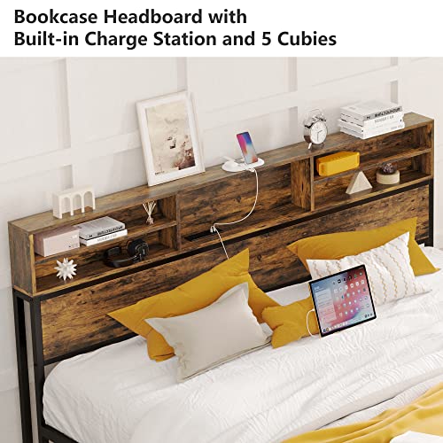 Likimio King Size Bed Frame With Bookcase Headboard And Charging Station, Sturdy And No Noise Platform Bed, No Box Spring Needed, Easy Assembly, Vintage Brown #TOP3