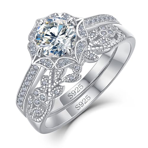 WES Moissanite Engagement Rings Set - D Color VVS1 925 Sterling Silver Stackable Moissanite Bridal Ring Sets Vintage Wedding Promise Ring for Women, Size 5-9