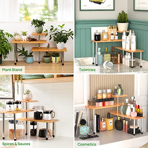 Ollieroo 3 Tier Corner Shelf Bamboo Countertop Organizer Bookshelf Display Shelves Space Saving Rack For Living Room, Kitchen, Office #TOP4