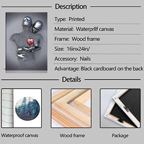 Bedroom Wall Decor,Framed Romantic Couple Living Room Canvas Wall Art,Love Heart 3D Metal Sculpture Effect,Black And White Modern Abstract Hug Lovers Painting Picture Poster Prints For Bathroom Hotel #TOP3