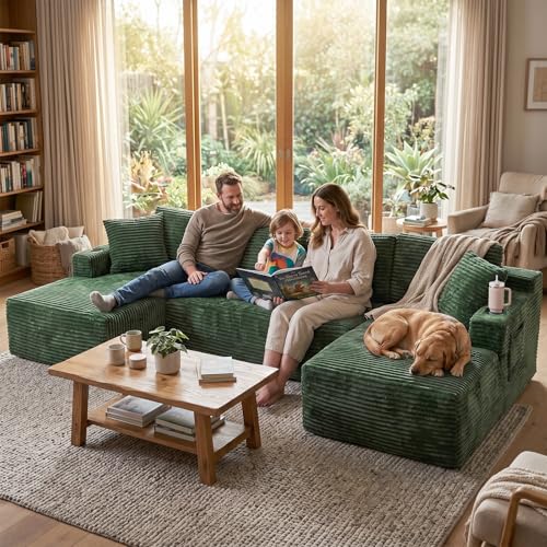 Image of Boneless Couch, 127 inch Sofas for Living Room, U Shaped Couch with Chaise | Sectional Sofa, Cloud Couch Sectional with Cup Holders and Storage, Cloud Sofa with Deep Seat, Green, Corduroy, No Assembly
