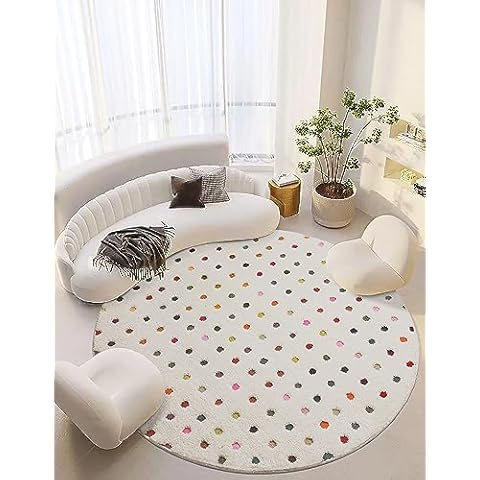 Rehert Round Rug, Ivory Carved Polka Dot Shag Rug, High-Low Cute Shaggy Carpet for Children Living Room, Colorful Polka Dot Rug, Fluffy Circle Rug, Non Slip Area Rug Cover