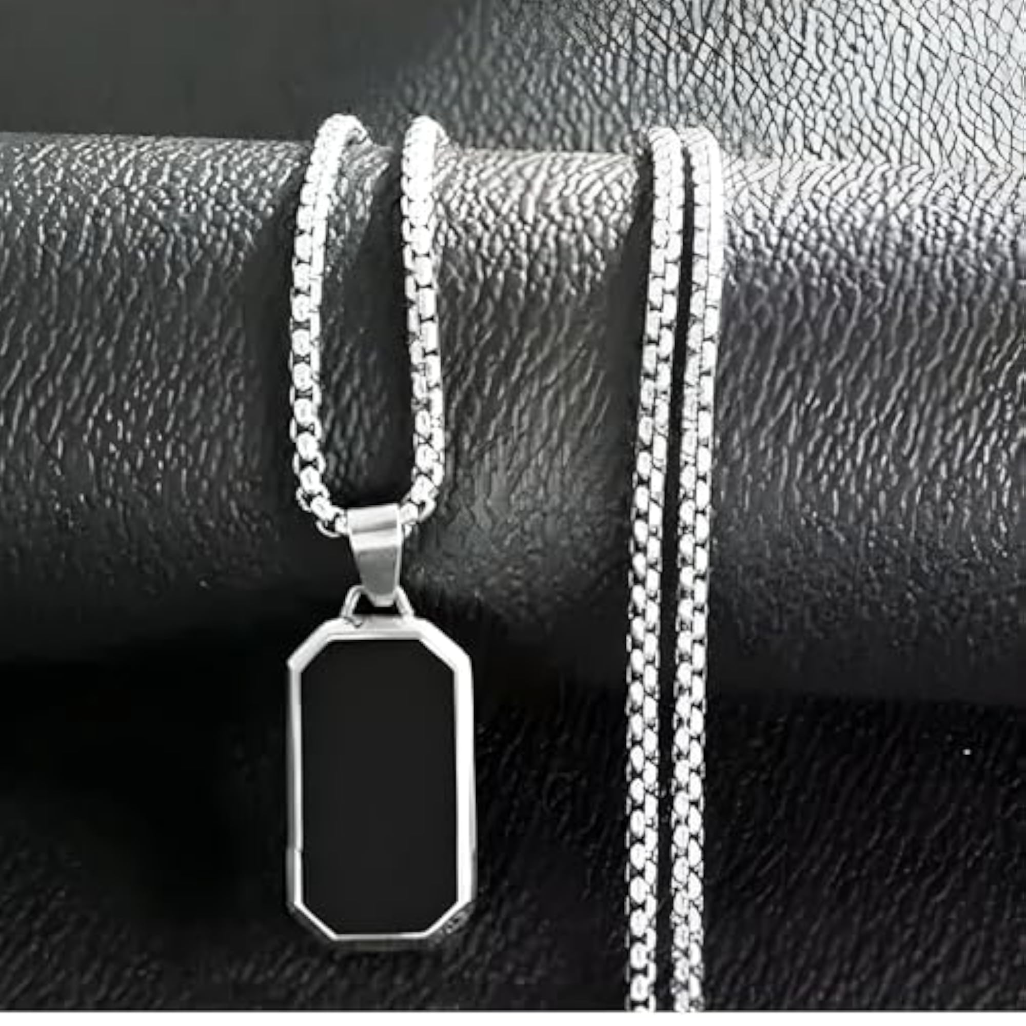 Men's Black Silver Geometric Chain Necklace with Locket