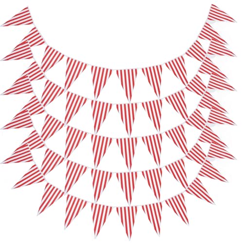 KOCKSHION Banderines de Circo para Fiesta 60 Piezas (5 Cuerdas) Rayas Rojas y Claras, Pancartas de Papel Resistentes Decoloración para Decoración de Cumpleaños y Carnaval Interior y