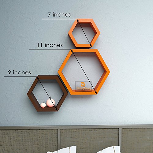 Image of DRIFTINGWOOD Wall Shelf Rack Hexagon Shape Storage Wall Shelves Set of 3 - Orange & Brown