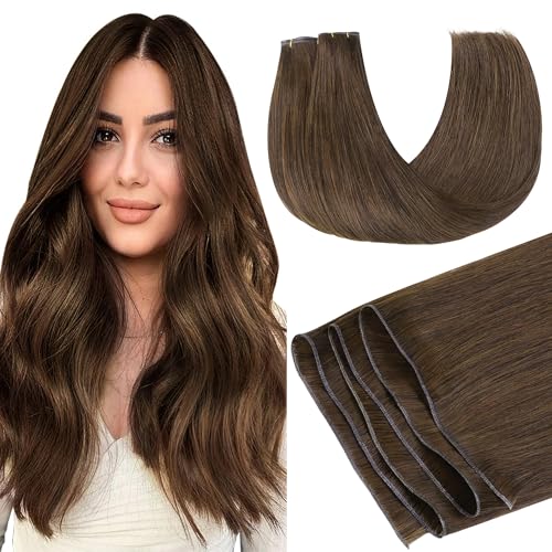 Image of GOO GOO Genius Human Hair Extensions, Sew In Remy Weft, 4A Chocolate Brown 14inch 80g, Hand Tied