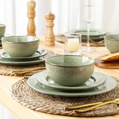 Image of GBHOME Ceramic Dinnerware Sets,12 pcs Embossed Elegant Stoneware Plates and Bowls Sets, Housewarming Wedding Gift | Dishwasher & Microwave Safe | Dishes Set Service for 4