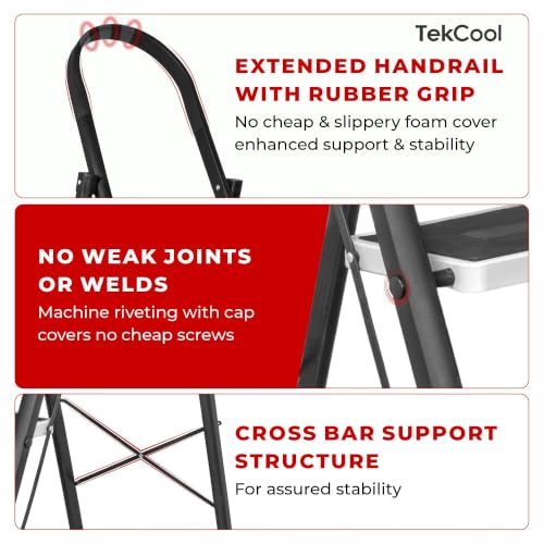 Image of TEKCOOL Foldable Ladder for Home 4 Steps with Built-in Tool Tray | Heavy Duty D Shape rods | 20 x 30 cm Large Platform | Wide Rubber feet | Secure Lock | 150kg Capacity