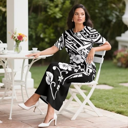 Image of Puletasi Samoan Traditional 2 Piece Outfits for Women Short Sleeve Crop Top and Maxi Skirt Sets Puletasi Dress