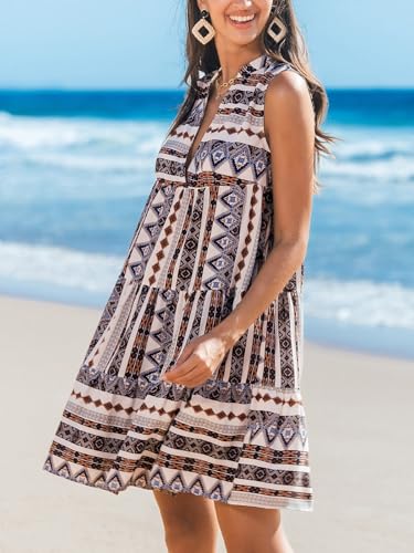 Image of CUPSHE Women's Ruffle Beach Mini Dress Split V Neck A Line Sleeveless Geometric Stripe Tropical Leaf Pattern Summer Dresses