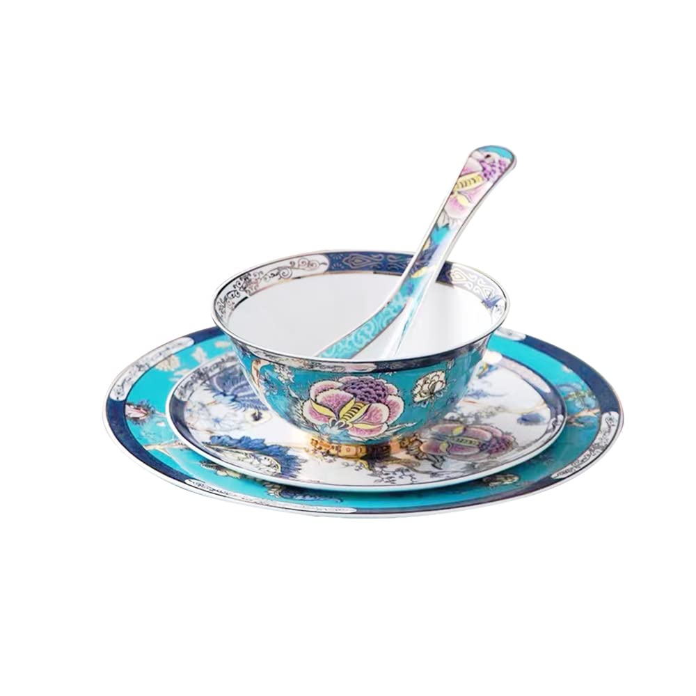 Bone China 12-częściowy delikatny okrągły zestaw naczyń kuchennych, talerze, naczynia, miski, serwis filiżanki do kawy dla 2 osób, styl niebieski