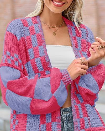 Image of BTFBM Casual Cardigan Sweater for Women Fall 2026 Long Sleeve Open Front Chunky Knit Sweaters Checkered Outwear Coat