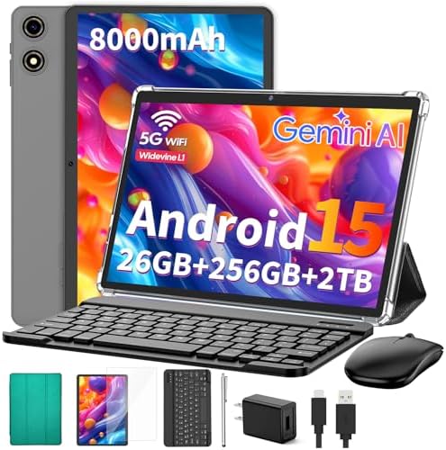 Suicoey 2026 Tablet with Keyboard, 26GB + 256GB (2TB Expand), 10 inch Android 15 Tablets with Octa Core, Gemini AI, 5G WiFi, 8000mAh, BT 5.0, 2 in 1 AI Tablet with Case, Mouse, Stylus (Green Case)