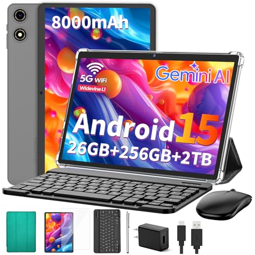 Image of Suicoey 2026 Tablet with Keyboard, 26GB + 256GB (2TB Expand), 10 inch Android 15 Tablets with Octa Core, Gemini AI, 5G WiFi, 8000mAh, BT 5.0, 2 in 1 AI Tablet with Case, Mouse, Stylus (Green Case)