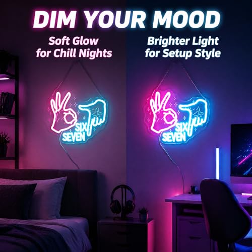 Image of 67 Neon Sign for Bedroom - Six Seven 6 7 Meme LED Wall Light | Pink Hand Gesture & Ice Blue Numbers, USB Dimmable, 13.8 inchx11.2 inch, TikTok Viral Room Decor, Gen Alpha Teens