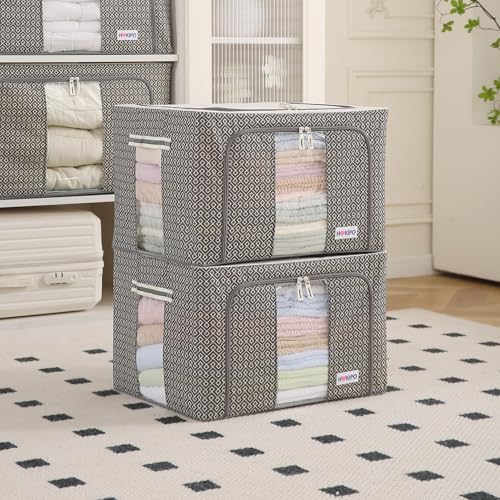 Image of HOKIPO Closet Organizer for Clothes | Multipurpose Storage Box & Organizer | Premium PE-Coated Fabric with Dual Windows | Ideal Saree Cover |66L, Pack of 2 Charcoal Grey (AR-5929-CGRY*2)