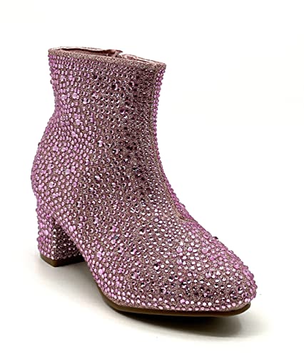 Forever Girls Rhinestone Boots Kids Low Heel Dress Booties Iceberg-12K Shoes Pink Rhinestone 1